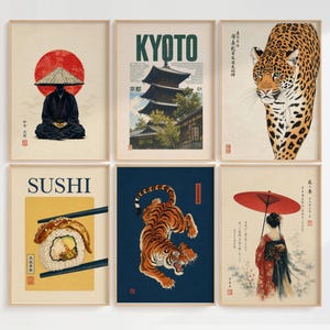 Peut inclure: Un ensemble de six affiches murales encadr&eacute;es pr&eacute;sentant des illustrations d'inspiration japonaise, dont une personne avec un chapeau conique, une pagode &agrave; Kyoto, un l&eacute;opard, un sushi, un tigre et une personne avec un parapluie rouge.
