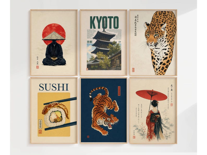 Peut inclure: Un ensemble de six affiches murales encadr&eacute;es pr&eacute;sentant des illustrations d'inspiration japonaise, dont une personne avec un chapeau conique, une pagode &agrave; Kyoto, un l&eacute;opard, un sushi, un tigre et une personne avec un parapluie rouge.