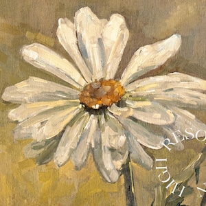 May include: Close-up of a white daisy flower with a yellow center, painted in an impressionistic style. The petals are layered and textured, set against a soft, muted background of greens and yellows. The painting style is reminiscent of a field of flowers.