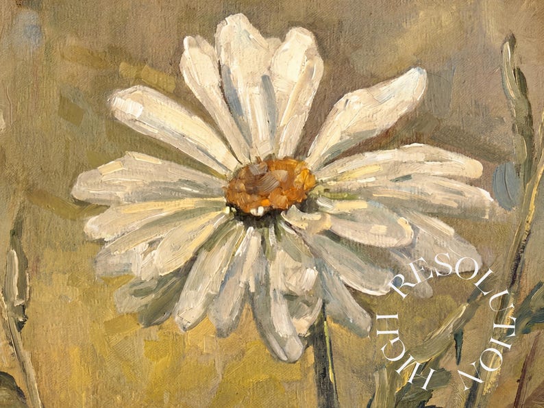 May include: Close-up of a white daisy flower with a yellow center, painted in an impressionistic style. The petals are layered and textured, set against a soft, muted background of greens and yellows. The painting style is reminiscent of a field of flowers.