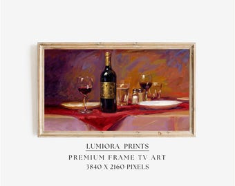 Romantic Wine Dinner Samsung Frame TV Art, Modern Impressionist Still Life, Red Wine Bottle and Glasses Oil Painting, Dining Room Decor, 4K, image 1