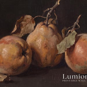 Puede incluir: Una pintura al &oacute;leo de tres peras texturizadas de color marr&oacute;n dorado con tallos y hojas secas sobre un fondo oscuro. La obra presenta pinceladas visibles y el texto Lumiora PRINTABLE WALL ART en la esquina inferior derecha.