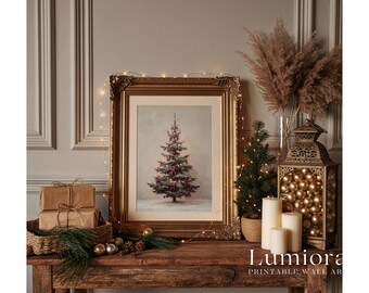 Vintage Christmas Tree Painting, Christmas Tree with Red Bows Print, Antique Holiday Wall Art, Printable Christmas Decor, Digital Download, image 7