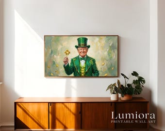 St. Patrick’s Day Samsung Frame TV Art, Lucky Charm Oil Painting, Green Hat & Golden Clover, Irish Holiday Celebration Wall Art, 4K, image 3