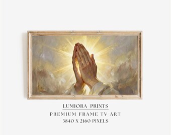 Praying Hands TV Art, Divine Light Christian Oil Painting, Spiritual Faith Samsung Frame TV Art, Grace and Prayer Wall Art Decor, image 1