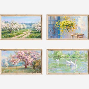 May include: Four framed landscape paintings. One depicts a path through flowering trees, another shows a hanging basket of yellow flowers, a third features a pink flowering tree, and the last shows swans on a pond.
