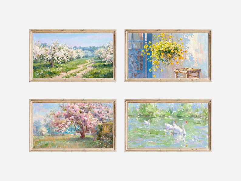 May include: Four framed landscape paintings. One depicts a path through flowering trees, another shows a hanging basket of yellow flowers, a third features a pink flowering tree, and the last shows swans on a pond.