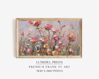Pink Floral Samsung Frame TV Art, Spring Flower Oil Painting, 4K, Cottagecore Botanical Decor, Abstract Wildflower Screen Art, image 1