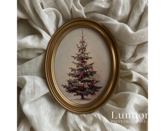 Vintage Christmas Tree Painting, Christmas Tree with Red Bows Print, Antique Holiday Wall Art, Printable Christmas Decor, Digital Download, image 3