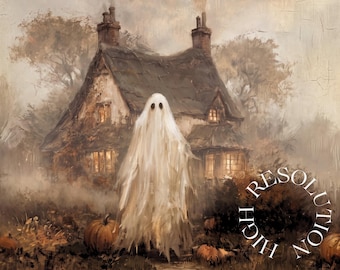 Halloween Frame TV Art, Ghost at Haunted Cottage, Vintage Fall Oil Painting, Pumpkin Patch Spooky Decor, Moody Halloween Digital Download, image 5
