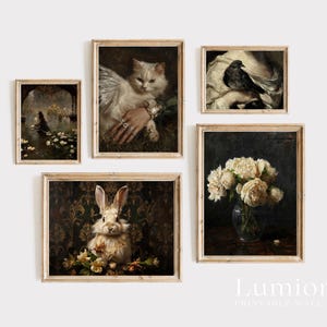 May include: Five framed vintage art prints. The prints depict a white cat with wings, a rabbit, a bouquet of white flowers, a bird, and a figure in a pond. The frames are light brown. The overall style is reminiscent of classic paintings.