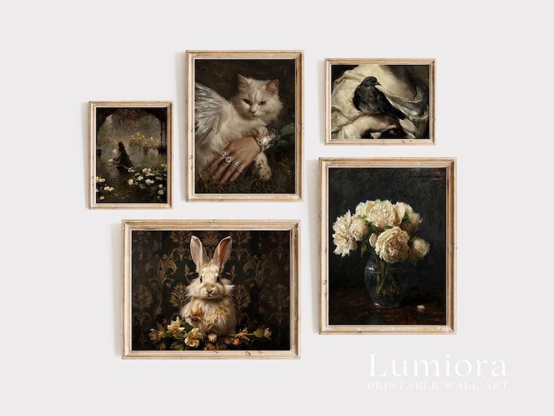 May include: Five framed vintage art prints. The prints depict a white cat with wings, a rabbit, a bouquet of white flowers, a bird, and a figure in a pond. The frames are light brown. The overall style is reminiscent of classic paintings.