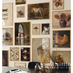 Puede incluir: Una pared de galer&iacute;a con varias l&aacute;minas de arte enmarcadas que incluyen un caballo blanco, girasoles en un jarr&oacute;n, un caracol, un erizo, polillas, una seta, un b&uacute;ho y patrones florales, presentados en marcos de madera delgados.