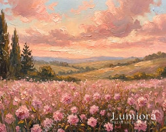 Pink Flower Field Samsung Frame TV Art, Sunset Landscape Oil Painting, Spring TV Decor, 4K Digital Download, Aesthetic Summer Screen Art, image 7