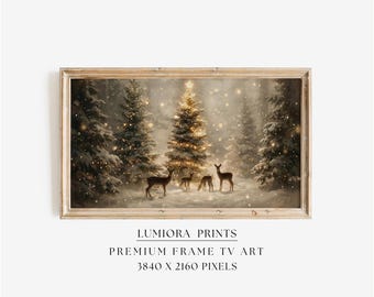Samsung Frame TV Art Christmas Deer Forest • Magical Winter Wonderland • Glowing Christmas Tree Art • Cozy Holiday Digital Decor, image 1