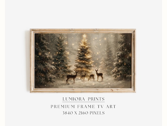 Samsung Frame TV Art Christmas Deer Forest • Magical Winter Wonderland • Glowing