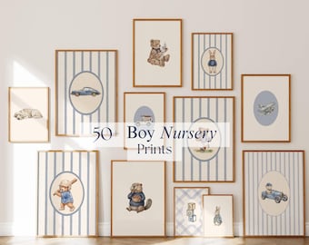 50+ Baby Boy Nursery Prints, Classic Boy Room Decor, Vintage Teddy Bear Art, Blue Striped Wall Art, Retro Car Print, Gallery Wall Set
