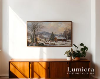 Christmas Winter Cabin Painting Frame TV Art | Vintage Snowy Landscape | Holiday Horse Carriage Scene | Rustic Farmhouse Christmas Decor, image 3