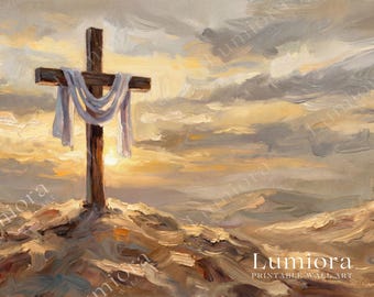 Cross Resurrection TV Art, He Is Risen Christian Oil Painting, Easter Samsung Frame TV Art, Spiritual Faith Sunset Landscape Decor, image 7