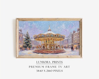 Christmas Carousel Market Samsung Frame TV Art • Festive Winter Town Square • Holiday Fair Lights Wall Art • Cozy Christmas Screen Decor, image 1