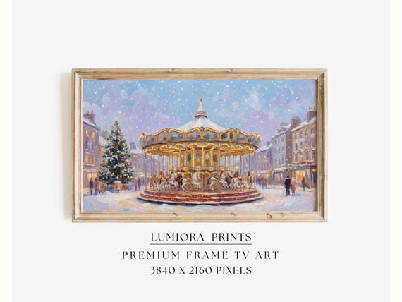 Christmas Carousel Market Samsung Frame TV Art • Festive Winter Town Square • Ho