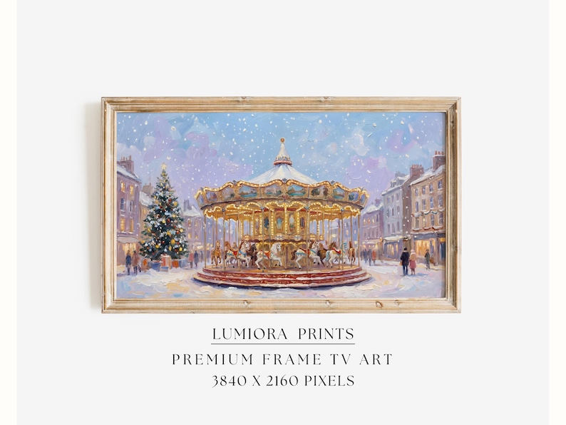 Christmas Carousel Market Samsung Frame TV Art • Festive Winter Town Square • Ho