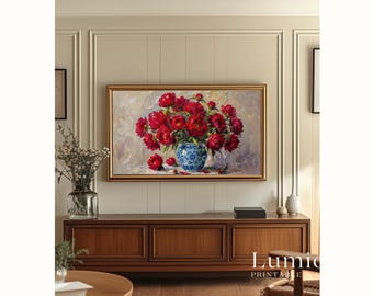 Romantic Red Peonies Samsung Frame TV Art, Vintage Floral Oil Painting, Blue and White Chinoiserie Vase, Valentine's Day Decor, 4K, image 6