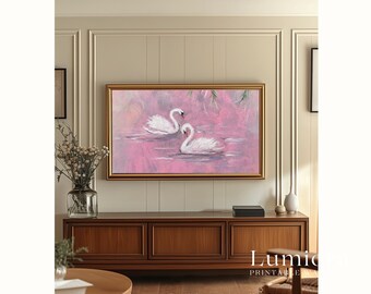 Romantic Pink Swan Lake Samsung Frame TV Art, Vintage White Swans Oil Painting, Soft Pastel Pond Decor, Impressionist Nature Wall Art, 4K, image 6