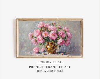 Samsung Frame TV Art Valentine's Day, Pink Peonies in Gold Vase, Spring Floral Oil Painting, Cottagecore Aesthetic, Mother's Day Gift, 4K, image 1
