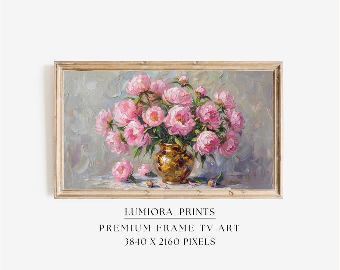 Samsung Frame TV Art Valentine's Day, Pink Peonies in Gold…