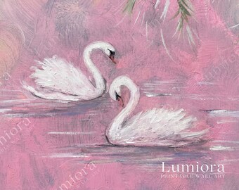 Romantic Pink Swan Lake Samsung Frame TV Art, Vintage White Swans Oil Painting, Soft Pastel Pond Decor, Impressionist Nature Wall Art, 4K, image 4