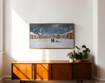 Samsung Frame TV Art Christmas – Vintage Winter Landscape, Snowy Village Wall Art, 4K Holiday Digital Painting, Cozy Christmas TV Decor, image 4