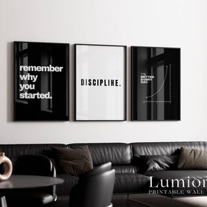May include: Three framed wall art prints displayed in a row. The left print is black with white text reading "remember why you started." The center print is white with black text reading "DISCIPLINE." The right print is black with a white graph.