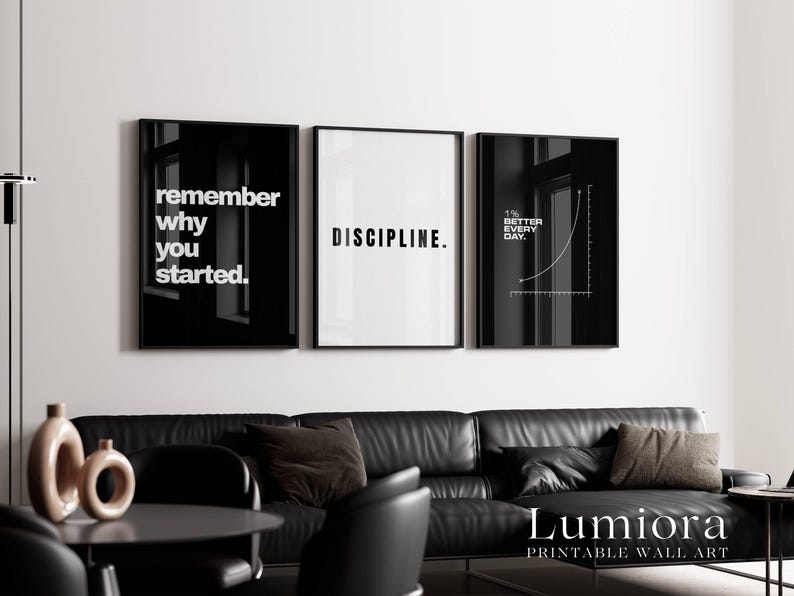 May include: Three framed wall art prints displayed in a row. The left print is black with white text reading "remember why you started." The center print is white with black text reading "DISCIPLINE." The right print is black with a white graph.