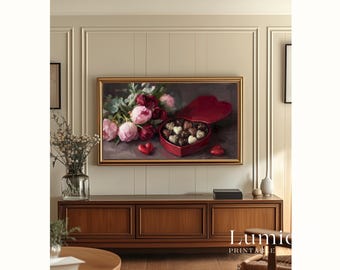 Samsung Frame TV Art Valentine's Day, Heart Shaped Chocolate Box, Pink Peonies Bouquet, Romantic Still Life, Vintage Food Oil Painting, 4K, image 5