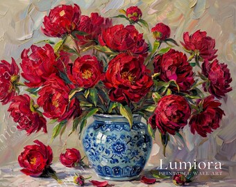 Romantic Red Peonies Samsung Frame TV Art, Vintage Floral Oil Painting, Blue and White Chinoiserie Vase, Valentine's Day Decor, 4K, image 4