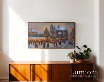 Samsung Frame TV Art Christmas | Vintage European Christmas Market Painting, Snowy Church Scene, Winter Holiday Village, Cozy Festive TV Art, image 3