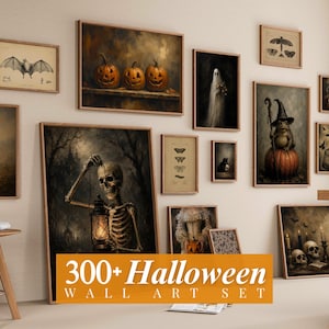Peut inclure: Une collection d'affiches murales encadrées sur le thème d'Halloween, incluant des citrouilles, squelettes, fantômes, chauves-souris et crânes. L'ensemble présente diverses tailles et orientations avec le texte 300+ Halloween Wall Art Set.