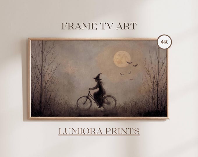 Halloween Frame TV Art, Witch Riding a Bicycle Under Full…