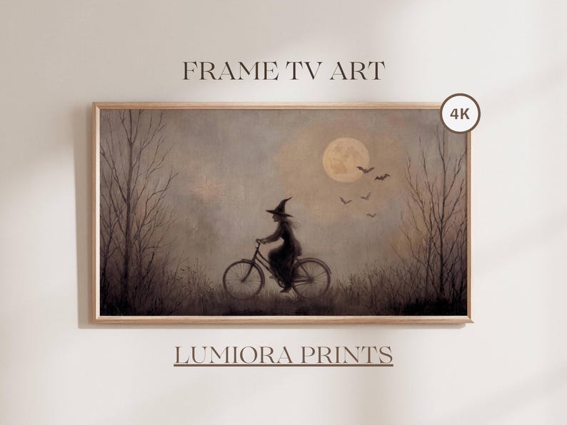 Halloween Frame TV Art, Witch Riding a Bicycle Under Full Moon, Vintage Whimsical Witch Painting, Moody Halloween Decor, Digital Download
