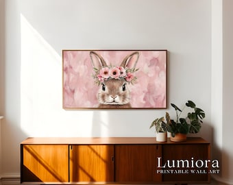 Easter Bunny Samsung Frame TV Art, Spring TV Decor, Nursery Rabbit Oil Painting, Flower Crown Rabbit Wall Decor, Pink Aesthetic Screen Art, image 3