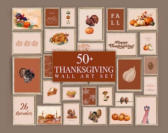 50+ Thanksgiving Wall Art Set, Fall Gallery Wall, Turkey Painting, Autumn Wall Print, Thanksgiving Decor, Give Thanks Poster Bundle, image 1