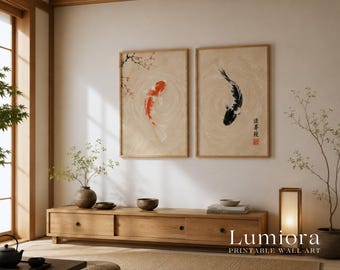 Koi Fish Print Set of 2, Yin Yang Wall Art, Japanese Poster, Japandi Decor, Zen Room Art, Feng Shui Poster, Asian Wall Decor, Vintage Koi, image 3
