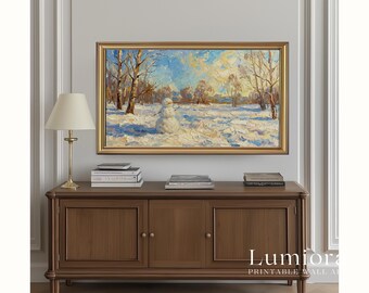 Samsung Frame TV Art Snowman Winter Scene • Peaceful Snowy Landscape Painting • Cozy Winter Wall Art • Minimal Winter Decor, image 5