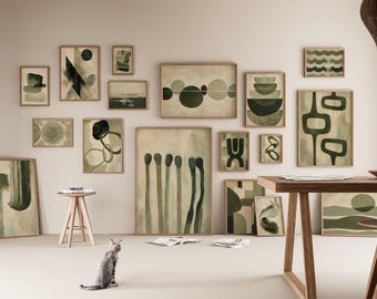 300+ Green Abstract Wall Art Set, Sage Green Gallery Wall, Mid Century Modern Prints, Japandi Decor, image 4