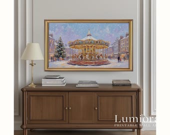 Christmas Carousel Market Samsung Frame TV Art • Festive Winter Town Square • Holiday Fair Lights Wall Art • Cozy Christmas Screen Decor, image 5