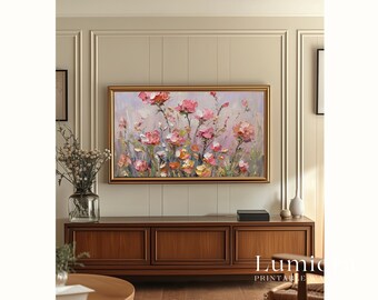 Pink Floral Samsung Frame TV Art, Spring Flower Oil Painting, 4K, Cottagecore Botanical Decor, Abstract Wildflower Screen Art, image 5