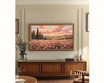 Pink Flower Field Samsung Frame TV Art, Sunset Landscape Oil Painting, Spring TV Decor, 4K Digital Download, Aesthetic Summer Screen Art, image 5