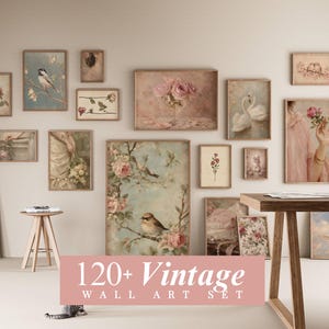 May include: A collection of framed wall art prints featuring botanical, floral, and avian illustrations in muted, soft tones. The set includes various sizes of rectangular frames displaying roses, birds, swans, and figures, arranged on a wall.
