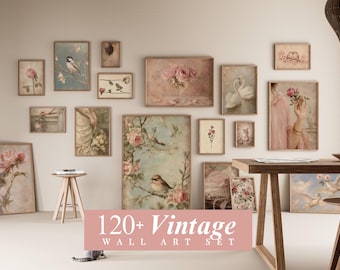 120+ French Country Gallery Wall Set, Pink Floral Cottagecore Prints, Vintage Bundle Set, Coquette Room Decor, image 1